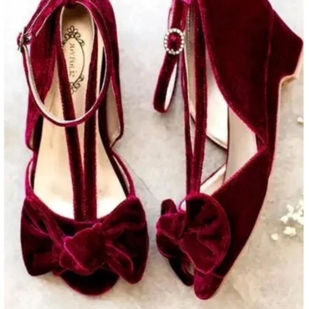 Joyfolie Burgundy Velvet Bow T-Strap Kids Shoes